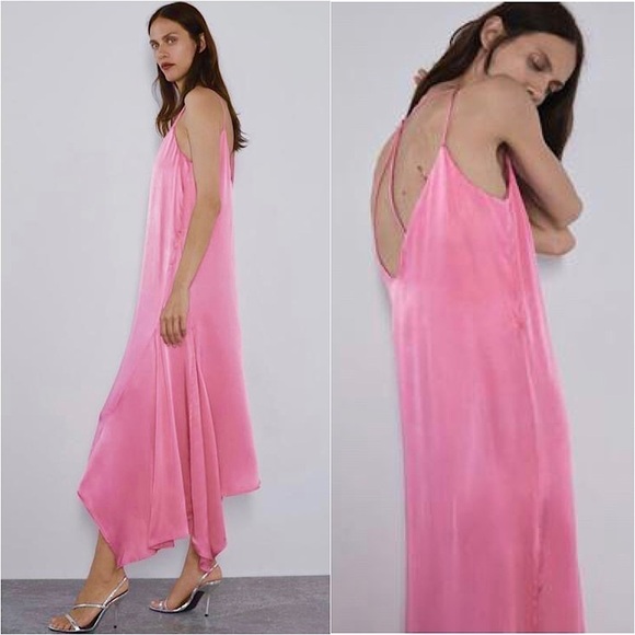 NWT ZARA 90s Y2K Barbie Pink Satin Asymmetric Hem Sleeveless Slip Midi Dress XS - Picture 3 of 9